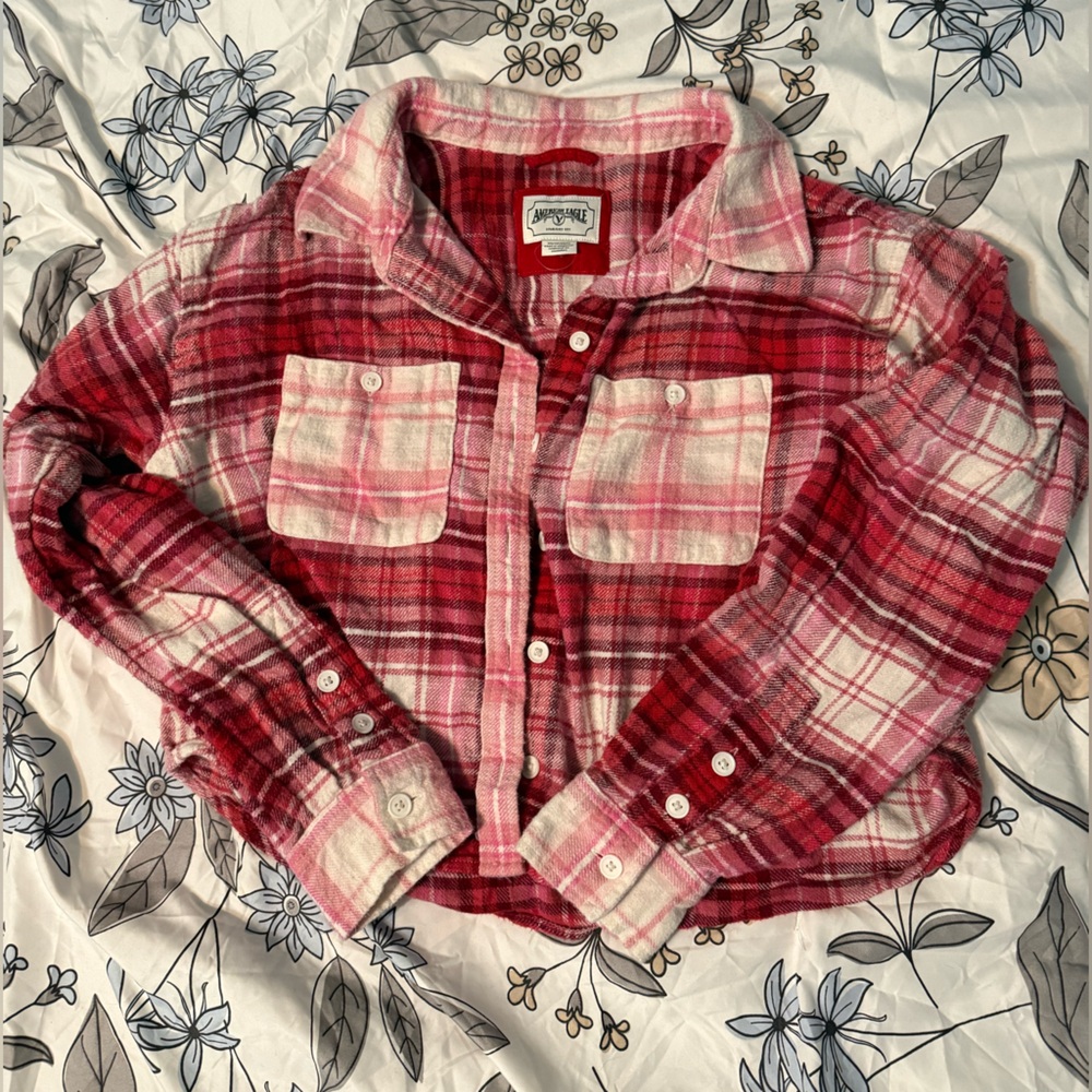 American Eagle Outfitters Vintage Cropped Plaid Shirt - Red and Pink